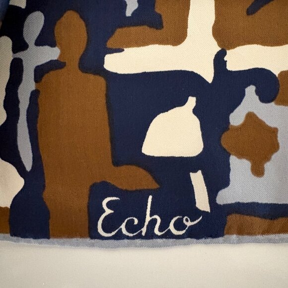 Echo Silk Scarf Abstract Blue Brown White Rectangle Vintage Modernist Classy - Picture 3 of 6